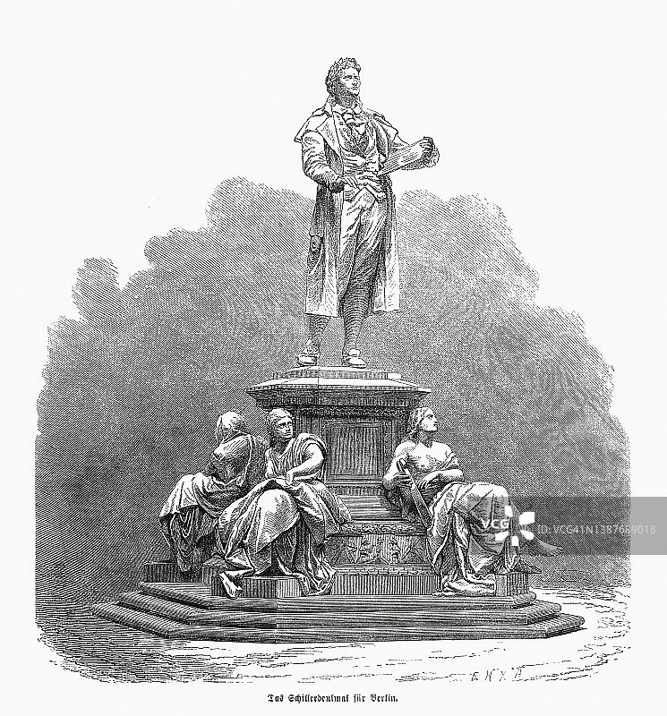 德国柏林的席勒纪念碑，木刻，1870年出版图片素材