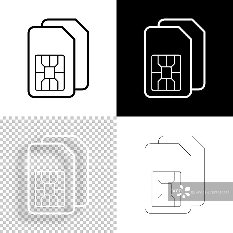 双SIM卡。图标设计。空白，白色和黑色背景-线图标图片素材