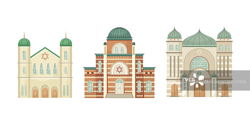 犹太教堂插图的向量集。宗教建筑的建筑。平的风格图片素材