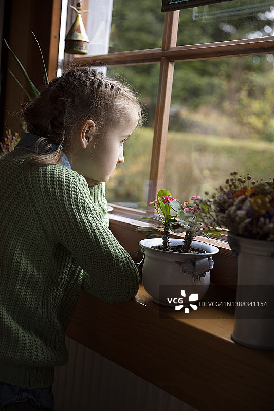女孩(8-9岁)倚在被室内盆栽环绕的窗台上，从木框窗户向外看花园。图片素材
