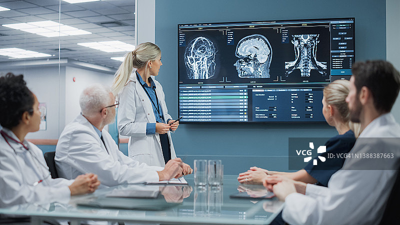 医院会议室:女神经科医生在电视屏幕上展示MRI扫描脑图像，神经科学家团队，医生讨论病人治疗，药物研究，医学发展图片素材