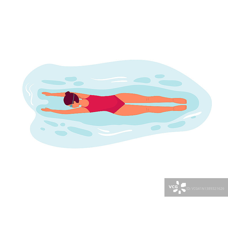 可爱的女孩在水下游泳，在暑假孤立的白色。穿着红色泳装和护目镜的女子游泳者。矢量动画平图片素材