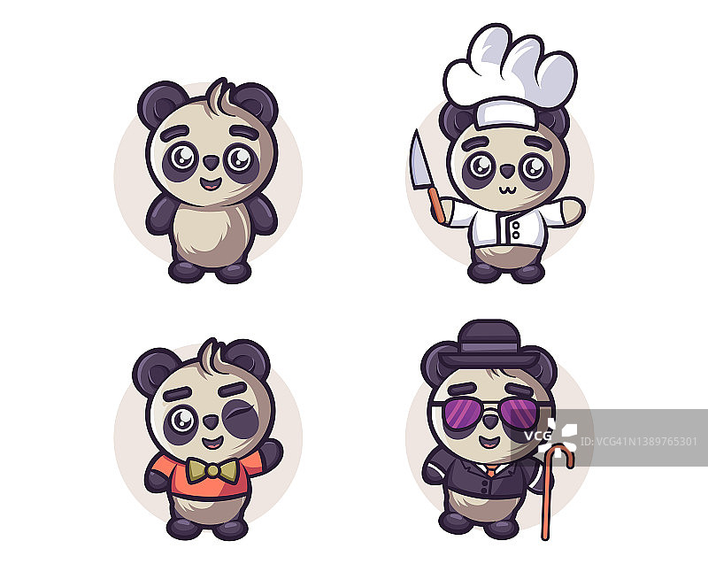 一套可爱的熊猫动物卡通人物矢量图片素材