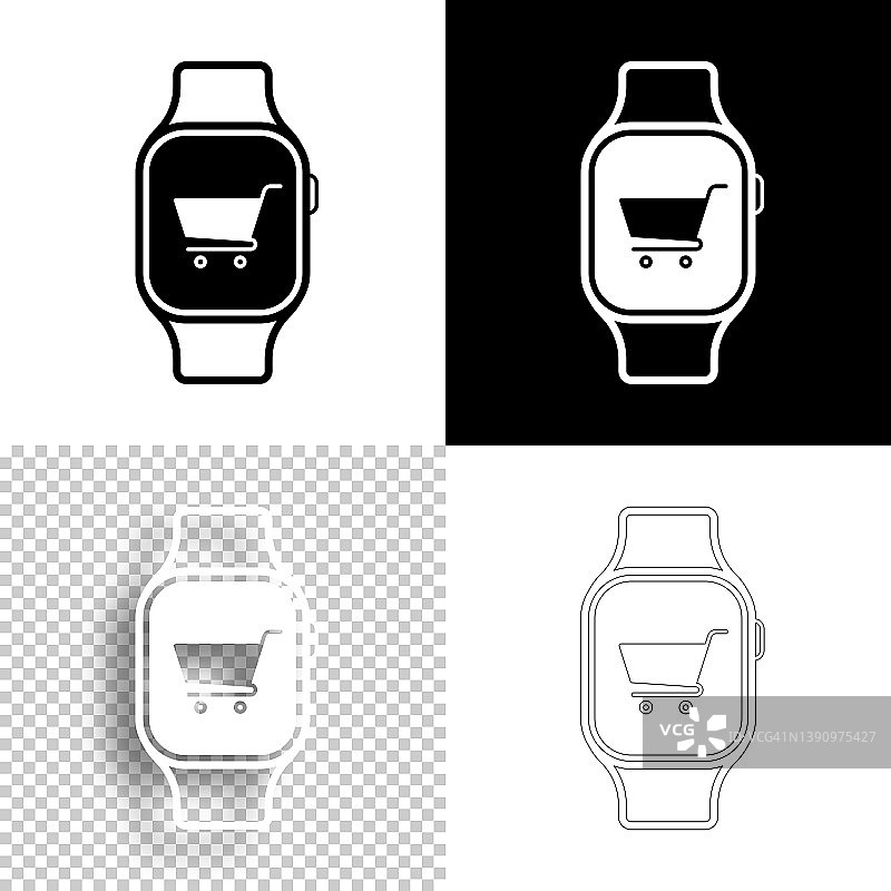 用智能手表在线购物。图标设计。空白，白色和黑色背景-线图标图片素材
