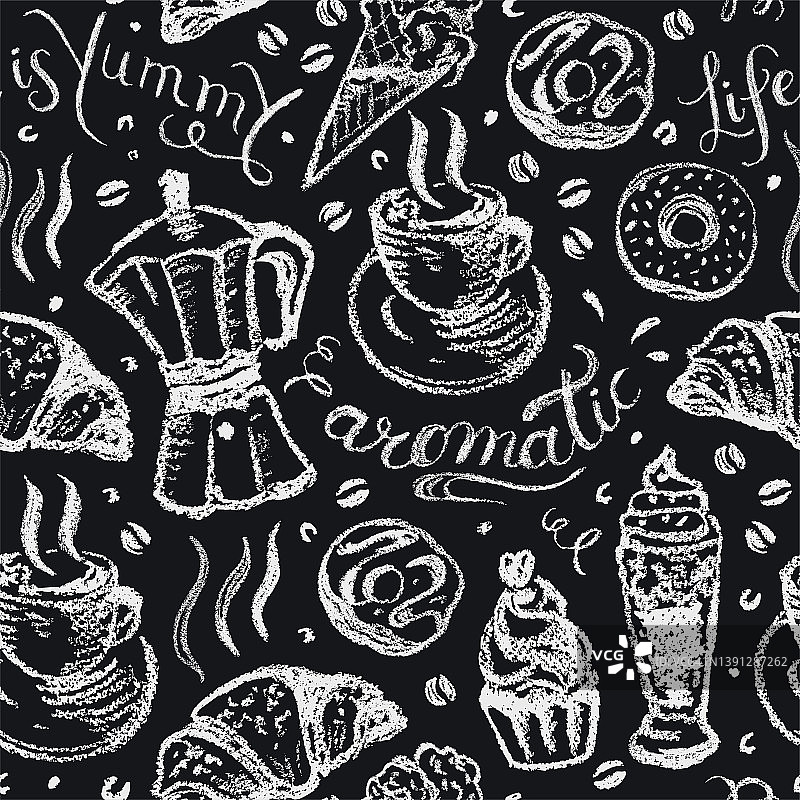 黑板上咖啡+糕点无缝图案。粉彩绘画在黑+白图片素材