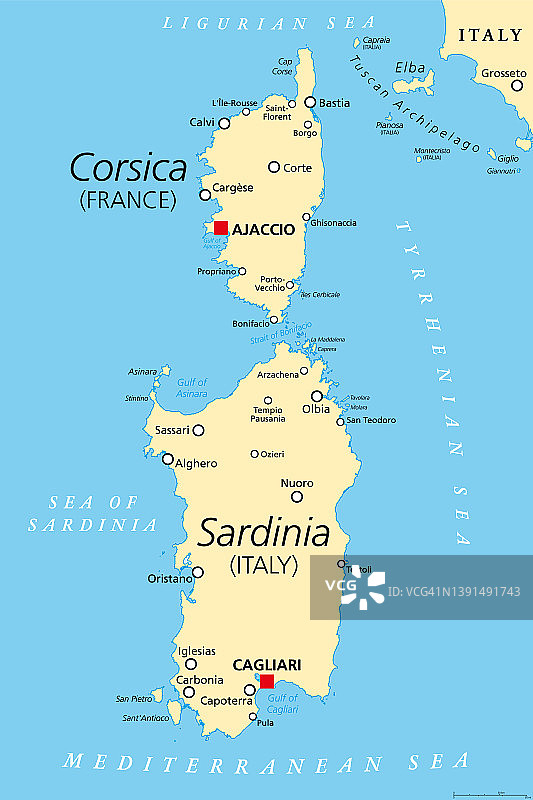 科西嘉岛和撒丁岛，法国和意大利的岛屿，政治地图。图片素材