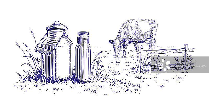 牛奶罐和奶牛手绘素描版画插图风格图片素材