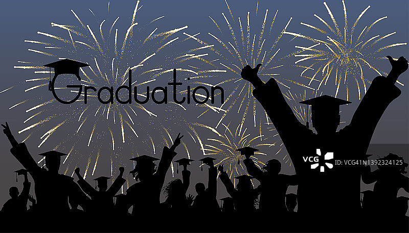 在烟花的背景下，戴着毕业帽的快乐毕业生的剪影。矢量图图片素材