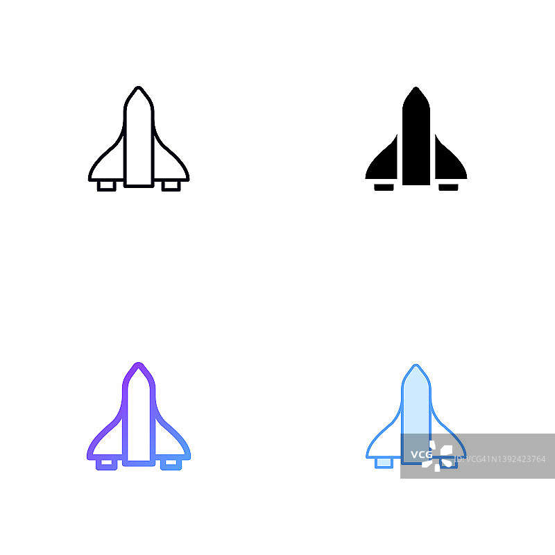 飞船图标设计在四风格与可编辑的笔画。线，实线，平线和颜色梯度线。适合网页，移动应用，UI, UX和GUI设计。图片素材