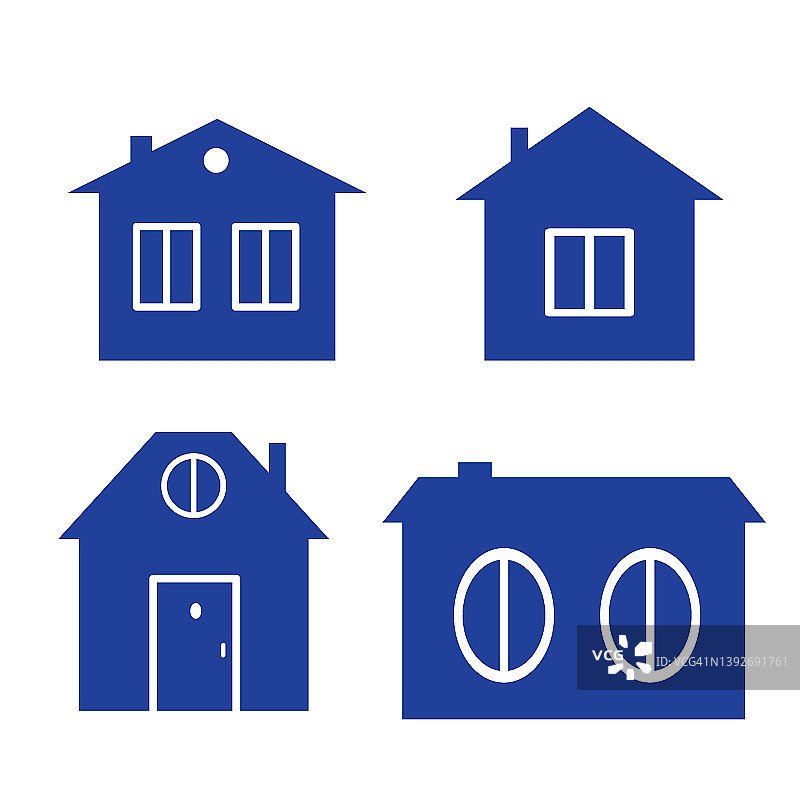 一套可爱的卡通房子，简单的图标。带门和小窗户的小房子。平面插图，家的象征。图标为网页和图形资源，设计元素图片素材