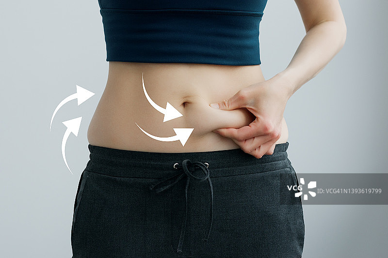 腹部脂肪问题，按摩痕迹。健康的生活方式和体育活动理念图片素材