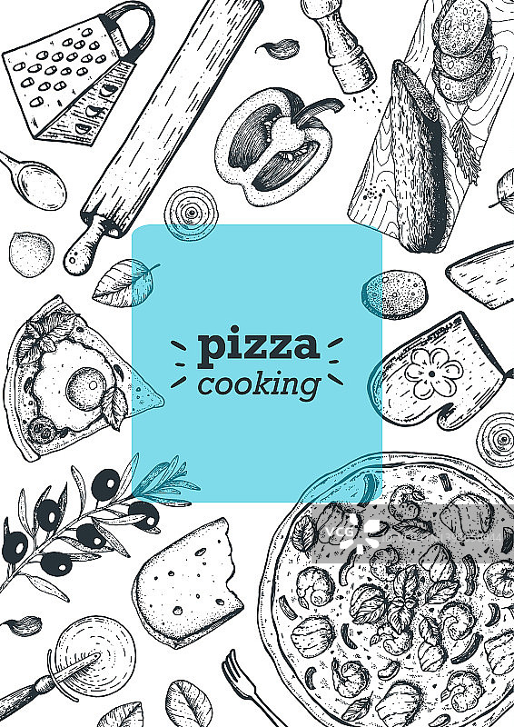 意大利披萨烹饪和配料，俯视图框架。意大利菜菜单设计模板。复古手绘草图，矢量插图。雕刻风格的插图。菜单上的比萨饼标签。图片素材