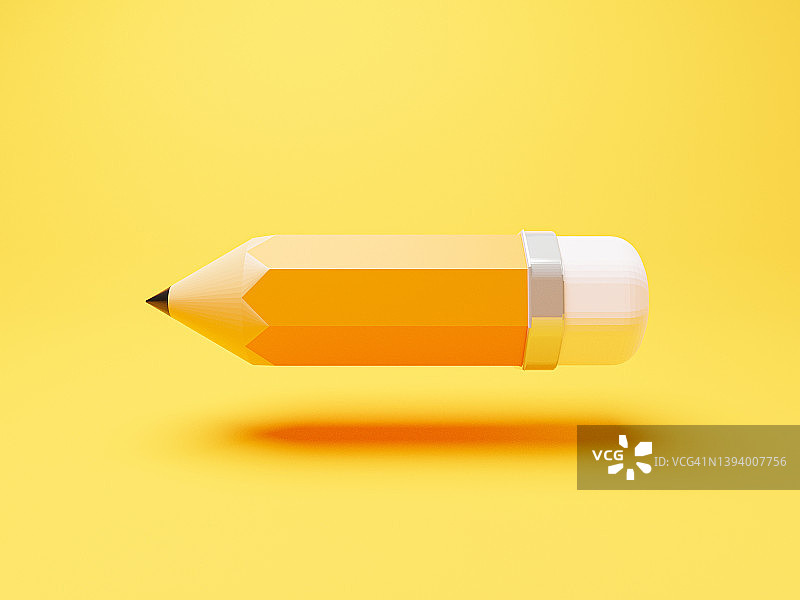 黄色蜡笔画铅笔书写在黄色背景上的艺术设计师和教育文具工具概念的3d渲染。图片素材