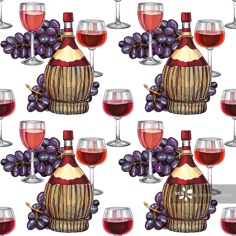 葡萄酒无缝模式。手绘图案与酒瓶，葡萄和酒杯的葡萄酒。图片素材