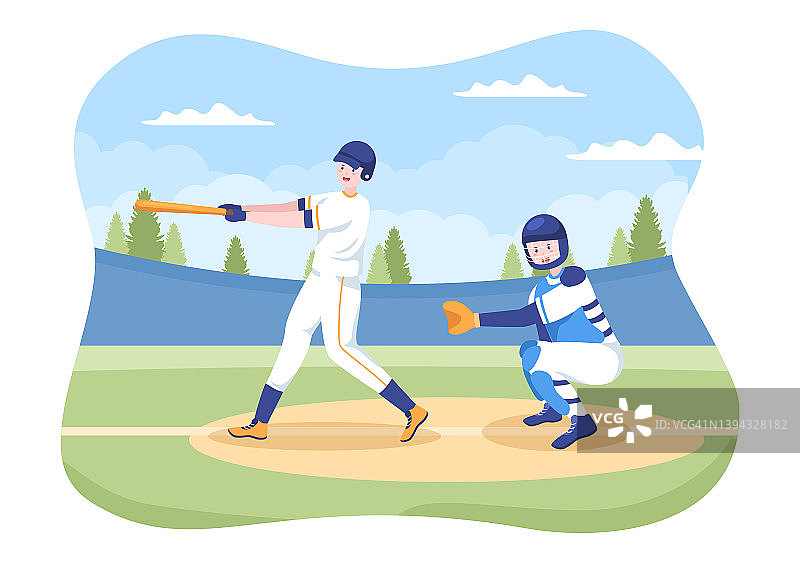 棒球运动员运动投掷，接球或击球与球棒和手套穿制服在球场体育场在平面卡通插图图片素材