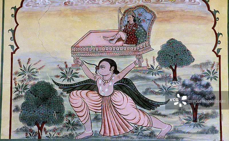 壁画描绘的是神伽鲁达和毗瑟奴(印度)图片素材