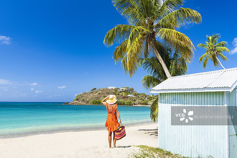 橙色裙子的女人站在棕榈树流苏的海滩上图片素材