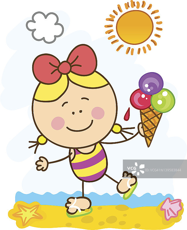快乐的女孩与冰淇淋在海滩卡通插图图片素材
