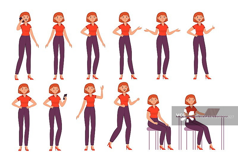 卡通女性角色摆姿势。快乐的女人在不同的姿势，行动和情绪，站和坐，在电脑上工作，休闲衣服，在t恤和裤子向量集图片素材