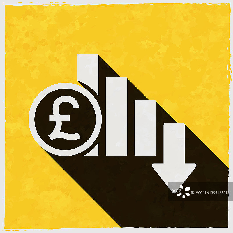 英镑汇率下降。图标与长阴影的纹理黄色背景图片素材