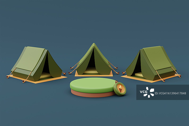 露营地与空的产品平台周围的露营帐篷在蓝色的背景，假日度假概念。简约的风格。3 d渲染。图片素材