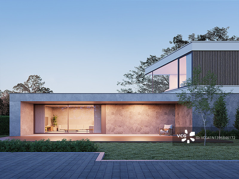 带有草坪花园和混凝土地板的现代豪华住宅的3d渲染。图片素材