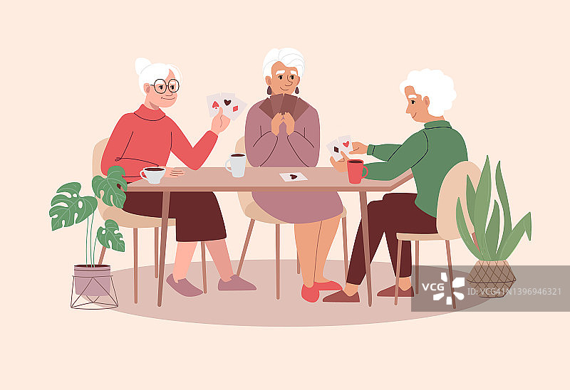 欢快的老年妇女正在玩纸牌游戏。退休年龄的人在一起玩。朋友们晚上的活跃聚会。米色背景上的平面矢量插图图片素材