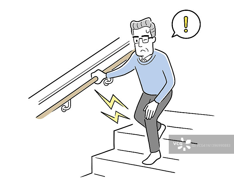 矢量插图材料:高级男子在楼梯上感觉膝盖疼痛图片素材