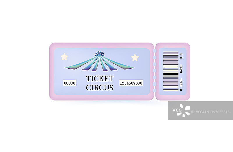 票马戏团3 d。娱乐节目、活动或表演的邀请或进入权一张印有条形码的彩色优惠券。儿童派对的门票穹顶下，马戏场。向量图片素材
