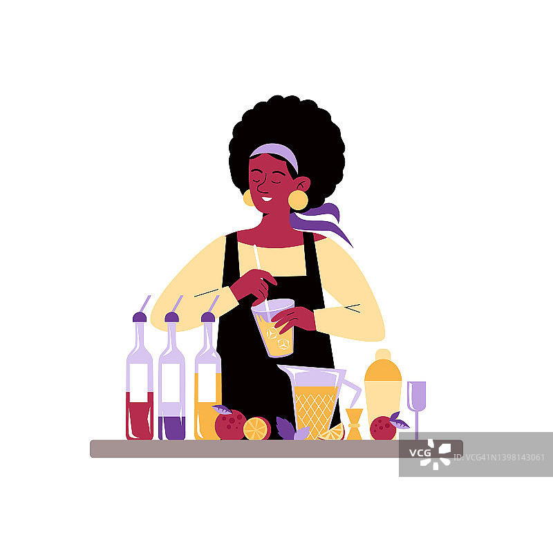 女调酒师混合饮料和鸡尾酒，平面矢量插图孤立。图片素材