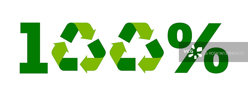 100%回收标签，标志或符号。绿色回收标志刻字。图片素材
