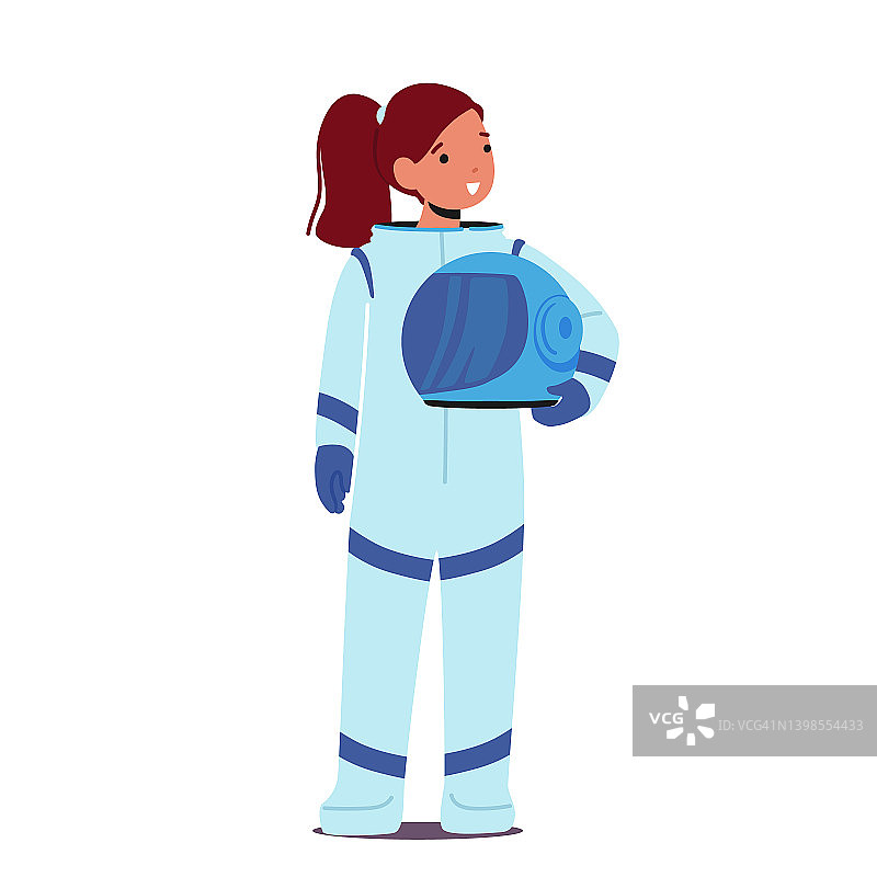 孩子们选择宇航员职业。我长大后想成为什么概念。穿着太空服和头盔的小女孩角色图片素材