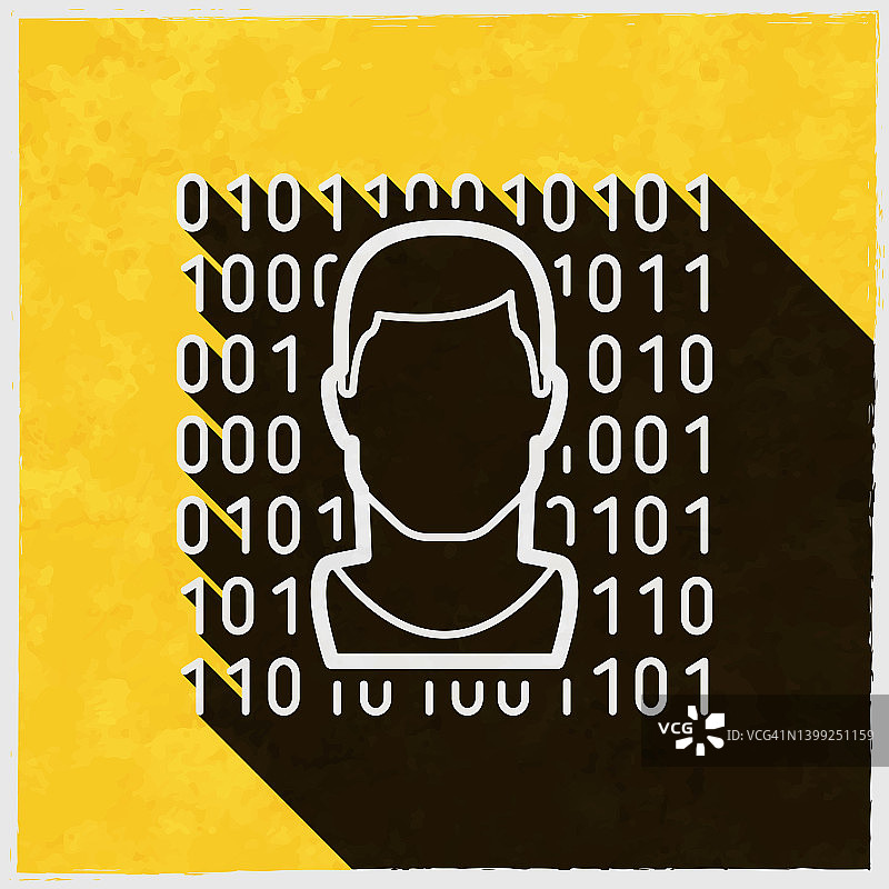 男性脸上用二进制代码。图标与长阴影的纹理黄色背景图片素材