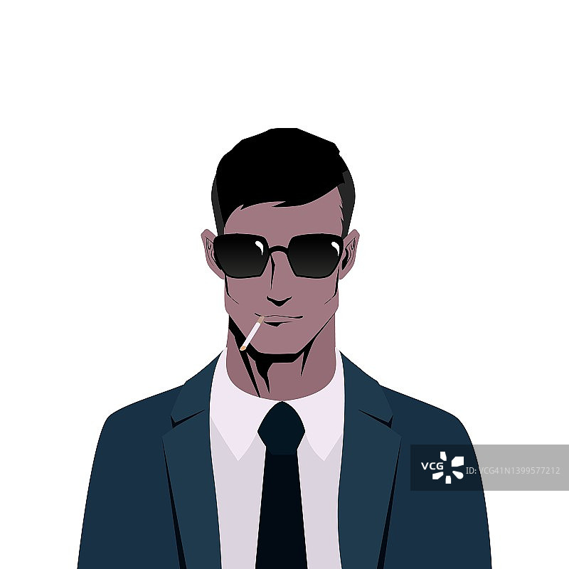 特工、间谍、保安、警察都戴着墨镜，穿着职业装。黑发男子吸烟的肖像，正面的看法。图片素材
