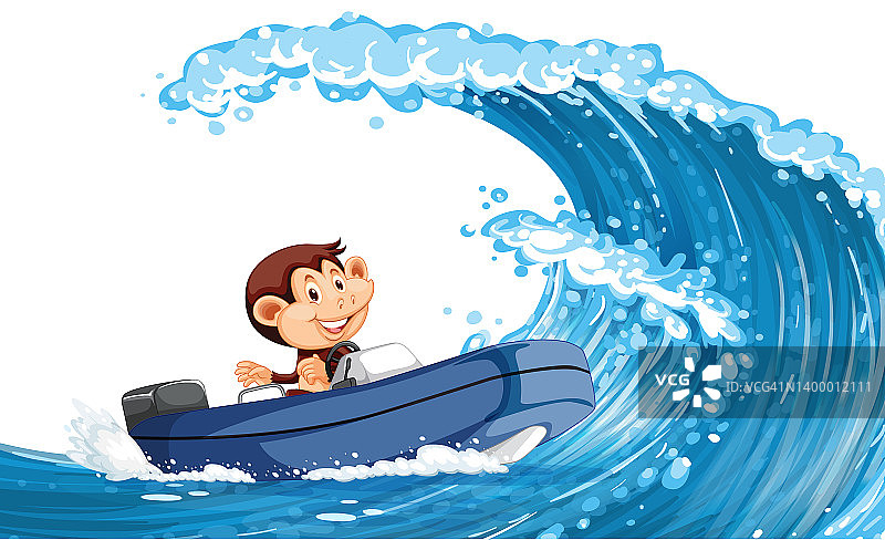 快乐的猴子在海浪上驾船图片素材