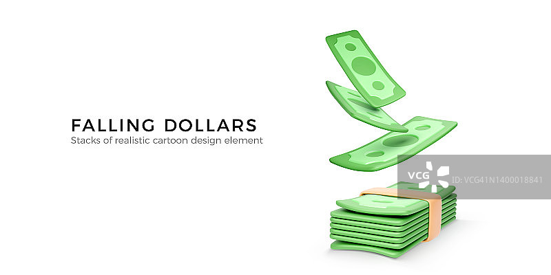 3D绿色美元落在一捆钱。卡通写实风格的纸币。横幅或海报的商业设计元素图片素材