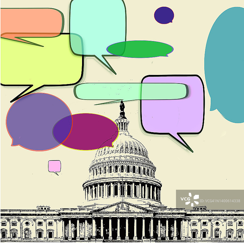 国会大厦的概念图像，演讲气泡描绘的是辩论和讨论，美国政府的八卦图片素材