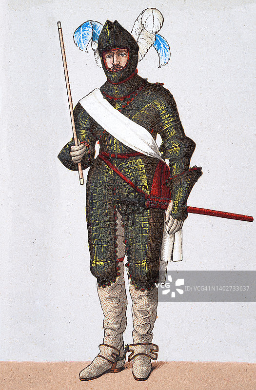 法国士兵，身穿盔甲的骑兵将军，16和17世纪的军事服装，历史图片素材