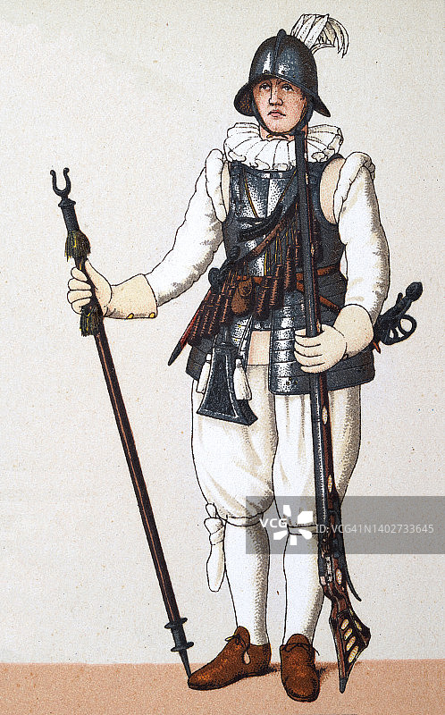 法国士兵，火绳枪，16和17世纪的军事服装，历史图片素材