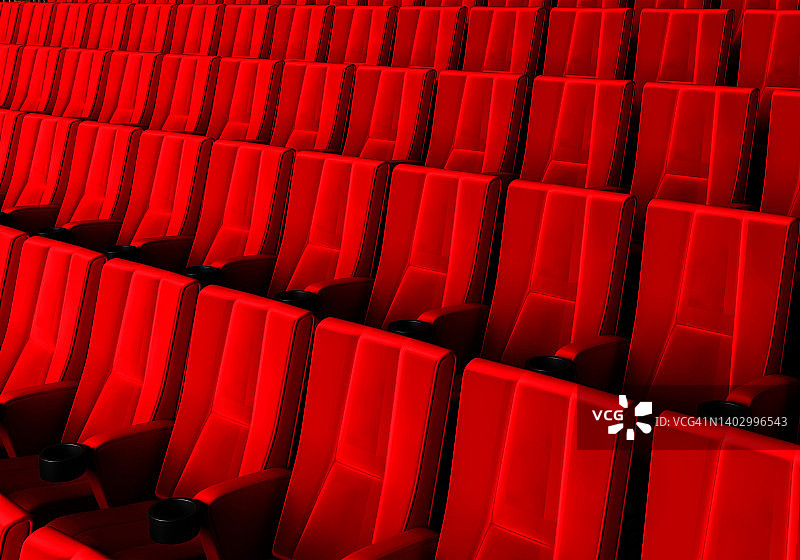 电影院里一排排红丝绒的座椅上挂着海报。娱乐和戏剧的概念。3 d演示呈现图片素材