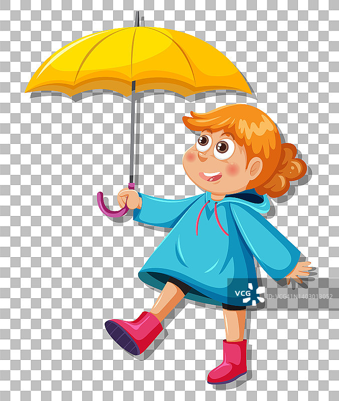 一个穿着蓝色雨衣的女孩，伞格背景图片素材