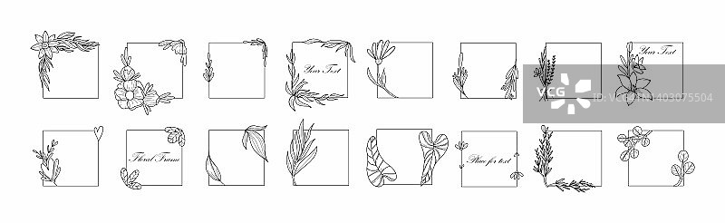 植物方形框架。手绘圆线边界，树叶和鲜花，婚礼邀请和卡片，标志设计和海报模板。优雅的最小风格花，矢量孤立集图片素材