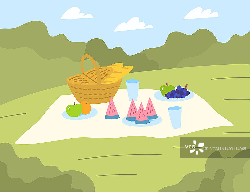 卡通色彩夏日野餐景观场景概念。向量图片素材