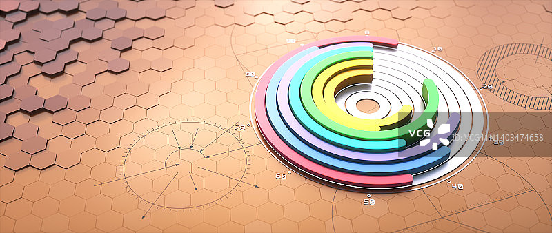 抽象彩色螺旋图在未来的六边形表面与蓝图设计。特写，水平构图。图片素材