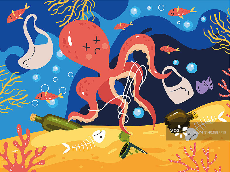 被垃圾污染的海洋海底。拯救海洋的概念。矢量卡通设计元素插图图片素材