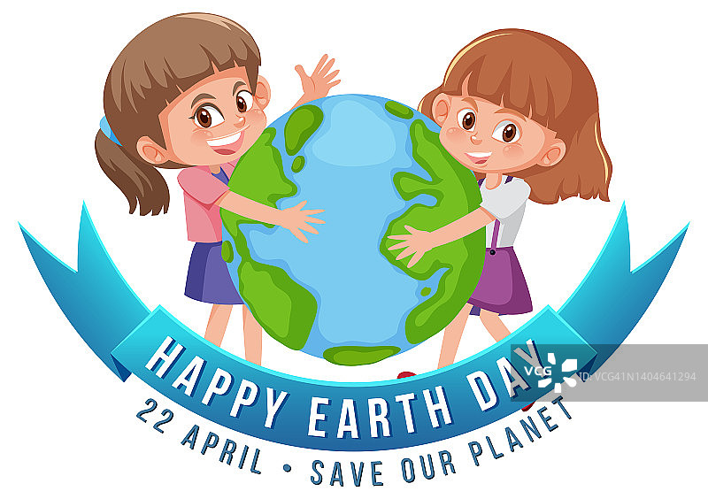 地球日快乐的横幅，两个女孩拿着地球仪图片素材