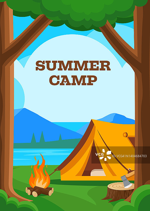 森林营地海报，橙色帐篷，篝火，树桩斧头。旅游、远足、活动度假的概念。矢量横幅与卡通景观与树木，营地在绿色的草地和山的背景图片素材