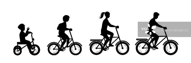 一家人骑自行车的剪影。为设计元素。家人骑自行车。母亲，父亲，女儿，儿子。家长和孩子图片素材