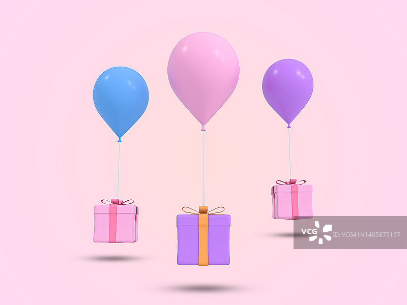 礼物与充气气球3D图标飞行。礼物3D渲染插图。生日，纪念日，圣诞节，情人节节日赠送礼品盒用气球。3 d渲染插图。图片素材