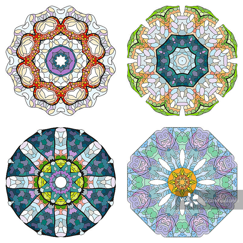 手工绘制的4色曼陀罗装饰套图片素材